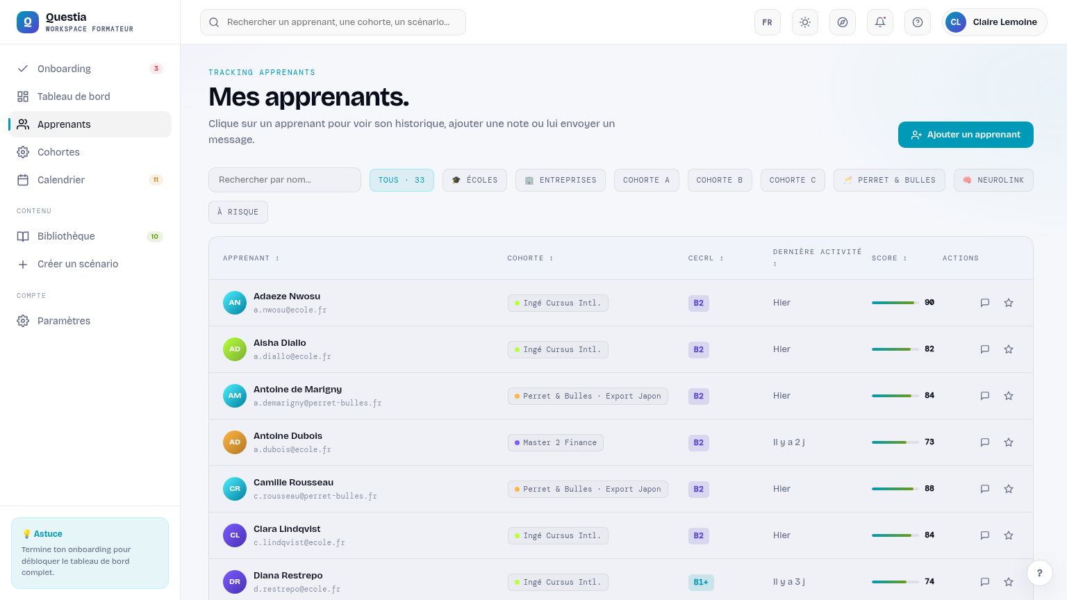 Tracking apprenants — Une ligne par élève, une décision par clic.