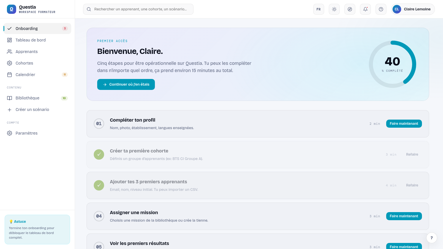 Onboarding formateur Questia : 5 étapes pour être opérationnelle, profil, cohorte, apprenants, mission, premiers résultats